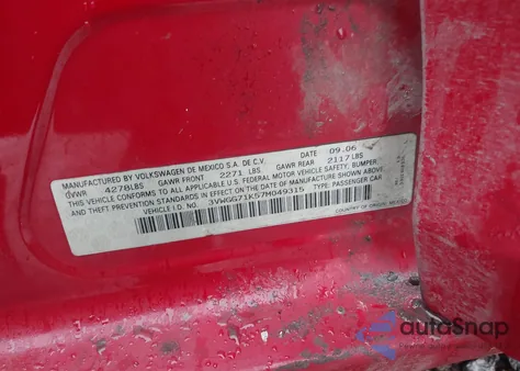 2007 Volkswagen Jetta z USA, uszkodzony, nr VIN 3VWGG71K57M049315